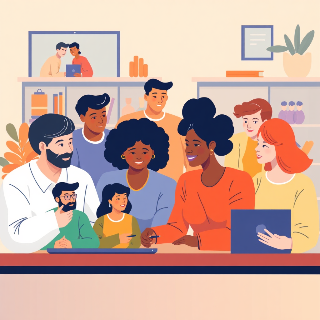 Create an image of a group of people interacting online, representing a thriving online community. The scene should convey engagement and connection, using a warm and inclusive color palette.