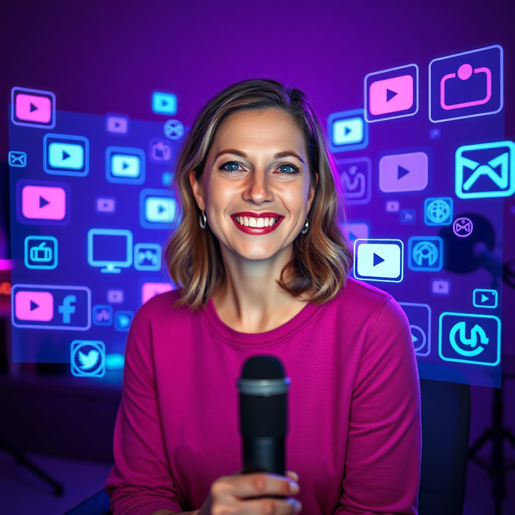 Create a photorealistic, ultra-high-quality header image for "JULION Jutta Arntz". The central subject is Jutta Arntz, a vibrant and engaging woman in her late 30s, surrounded by holographic projections of various YouTube icons, video thumbnails, and social media logos. She's smiling warmly, looking directly at the viewer. The lighting is soft and diffused, emanating from the holographic projections, creating a futuristic and inviting atmosphere. The color palette is dominated by vibrant blues, purples, and teals, accented by warmer tones in Jutta's clothing and skin. The camera angle is a slightly low angle, making her appear confident and approachable. Texture details are sharp and realistic, emphasizing the intricate details of the holographic projections and Jutta's features. The environment is a minimalist studio setting, with subtle hints of technology in the background. Props include a high-tech microphone and a comfortable chair. The style is modern and professional, with a touch of futuristic flair, inspired by contemporary tech advertising. The image should be in 8K resolution and hyperrealistic.
